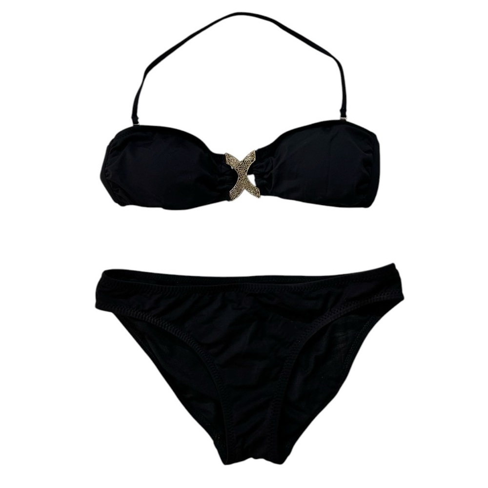 Trina Turk Bandeau Top Hipster Bikini Swimsuit Size 6 Black Gold Butterfly Accen
